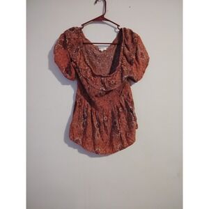 Maurices Womens Rust Orange Floral Smocked Peplum Puff Sleeve Blouse Size Large